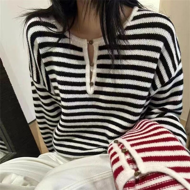 秋冬新款羊毛衫女圆领毛衣条纹长袖保暖套头针织打底衫,女装羊毛衫,锦瑟羊绒