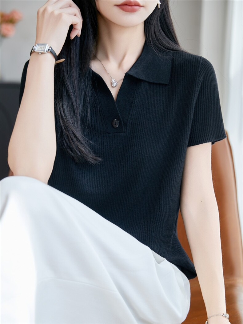 2026年夏季小香风短袖女士针织T恤纽花翻领短袖,女装T恤,枫宸羊绒