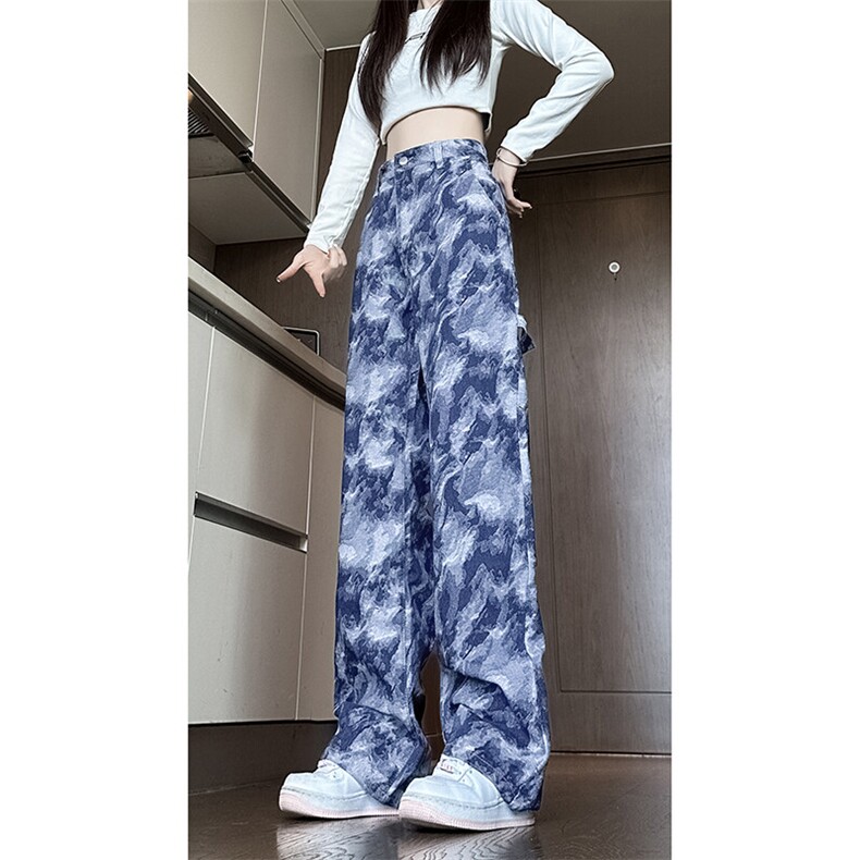 现货 美式复古迷彩工装裤女宽松直筒提花牛仔裤男 K5822-P50 控78图片