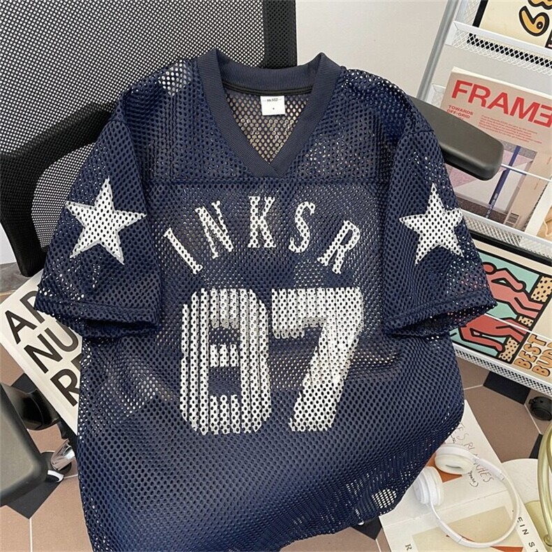 藏青色数字网眼球衣美式街头复古印花球服短袖t恤男女夏ST629-P39,男装T恤,星座412-2