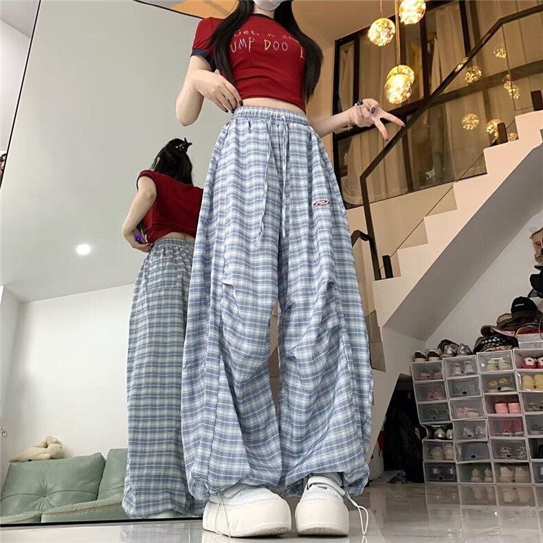 复古格子褶皱阔腿裤女夏季新款高腰显瘦百搭两穿直筒束脚KA8021,男装休闲裤,星座1116A（原606A-3）