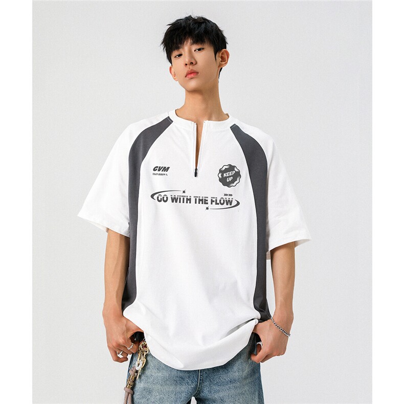 领口拉链拼接设计大码M-5XL印花短袖T恤男：棉DX78024P50控78,男装T恤,星座227-7
