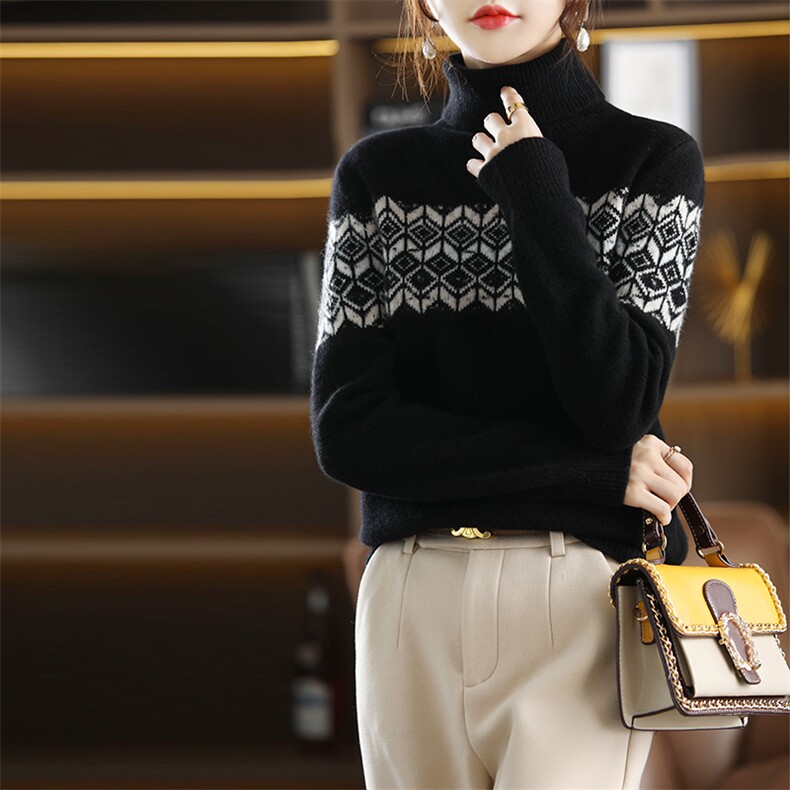 时尚高领保暖羊毛衫秋冬新款提花针织毛衣修身显瘦女士上衣，女装羊毛衫，丽特绒