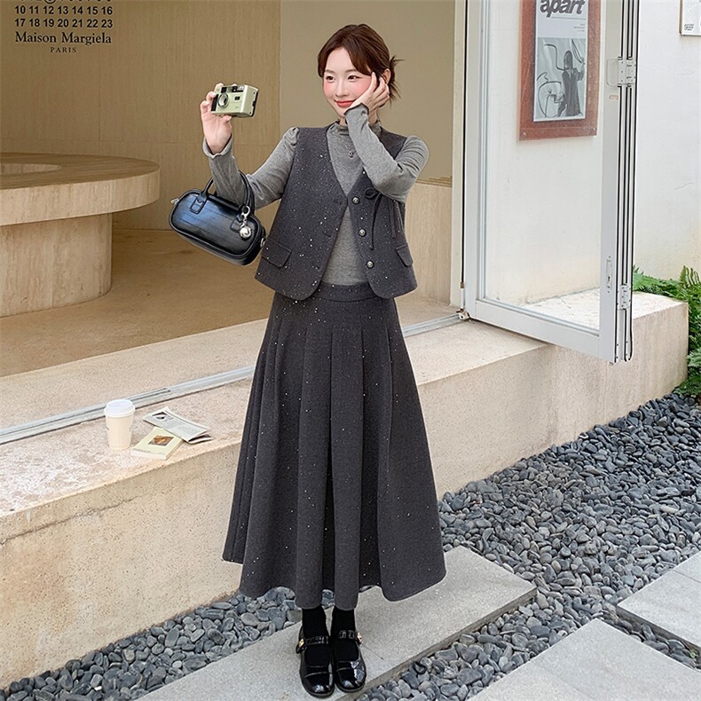 含绵羊毛小香风亮片钻扣套装女2025秋冬新款马甲无袖外套半身裙，女装套装/套裙，纯色衣恋