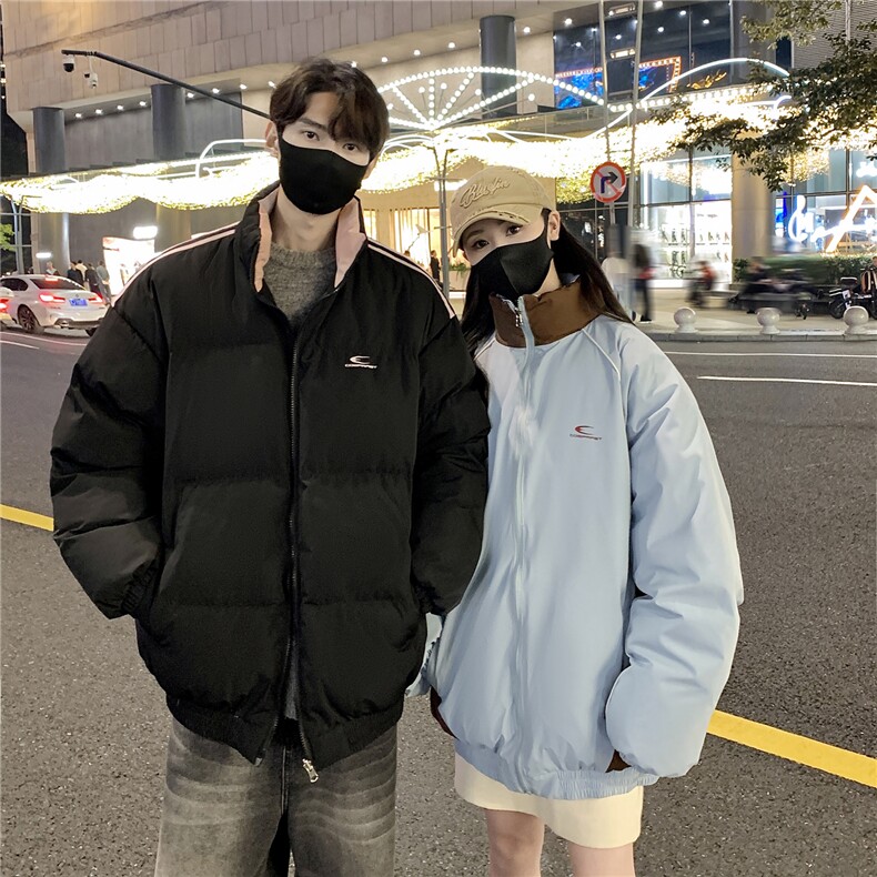 情侣装冬装双面穿条纹织带棉服拼色棉衣休闲外套男G1101P138,男装棉衣,电商A339