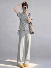 个性简约时尚减龄套装女夏新款立领半开拉链短袖上衣阔腿裤两件套，女装套装/套裙，江南