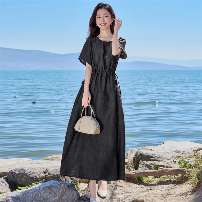 宽松连衣裙女夏季2025新款遮肉显瘦气质洋气复古抽绳天丝圆领裙子,女装连衣裙,缘衣格