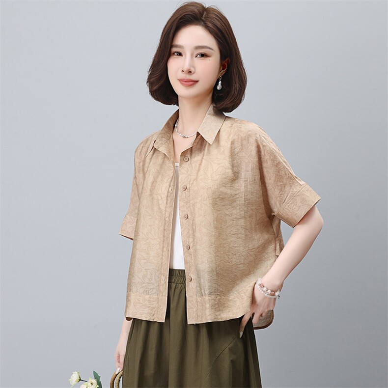 2024夏季新款印花天丝小衫宽松显瘦短袖衬衫,女装衬衫,希欧阁