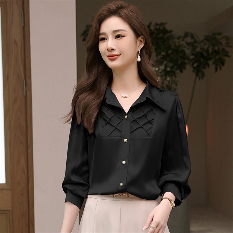 2024春季新款女装菱形格门襟衬衫时尚百搭修身显瘦长袖上衣,女装衬衫,梦芯尔