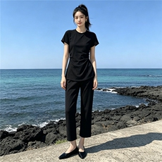 韩系时尚气质套装女夏季新款圆领褶皱收腰上衣双口袋直筒裤两件套，女装套装/套裙，江南