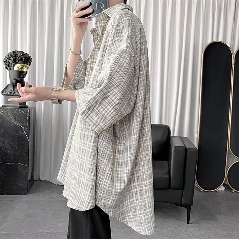 wassuphappy冰丝短袖衬衫男夏季薄款潮牌格子七分袖衬衣休闲外套,男装T恤,星座1013-5