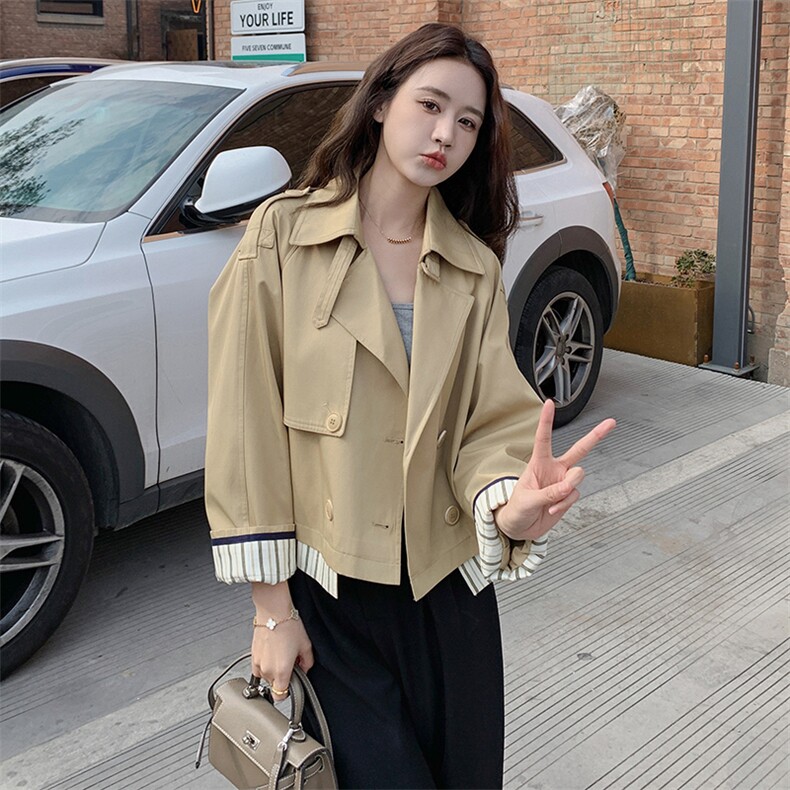 【现货】春秋短款风衣外套女小个子高级感时尚百搭撞色宽松上衣,女装风衣,鑫源服饰