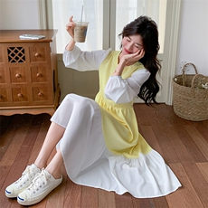 气质甜美撞色拼接黄色连衣裙女春秋2025新款绝美韩系独特别致穿搭，女装连衣裙，2D148