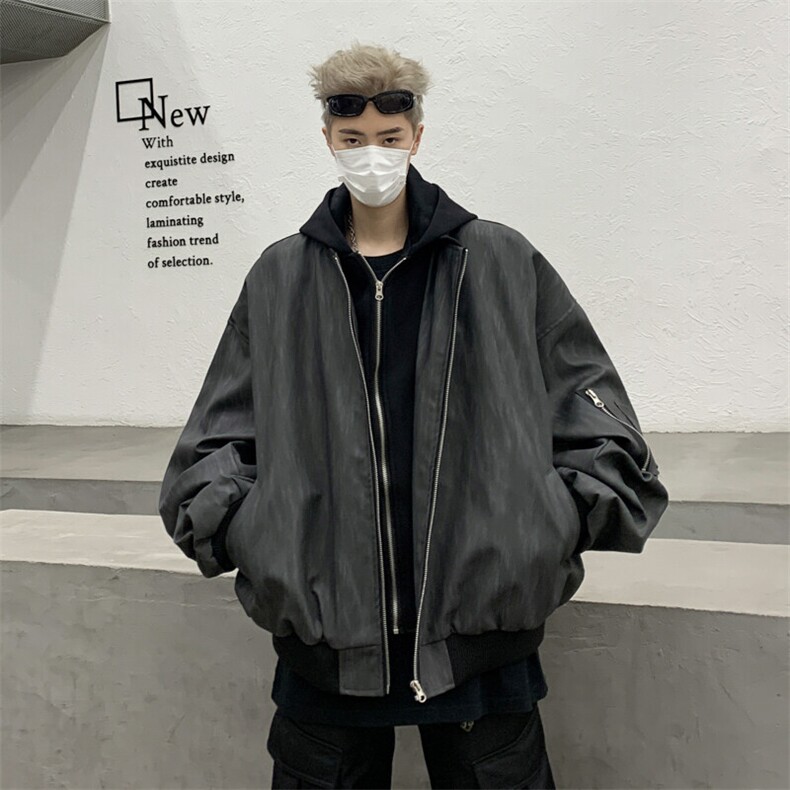 美式连帽假两件男秋季宽松休闲短款pu皮纹理夹克外套JK0936-P88图片