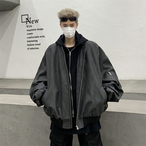 美式连帽假两件男秋季宽松休闲短款pu皮纹理夹克外套JK0936-P88图片