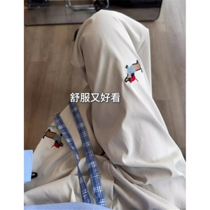 腊肠狗刺绣裤子男女款松紧腰抽绳阔腿裤复古直筒拖地长裤 K524图片