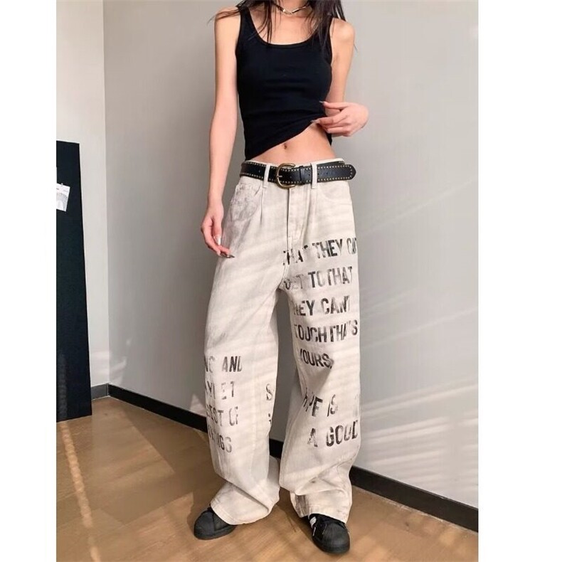 美式复古做旧标语字母印花牛仔裤小众宽松阔腿长裤男女情侣款,男装牛仔裤,星座506A
