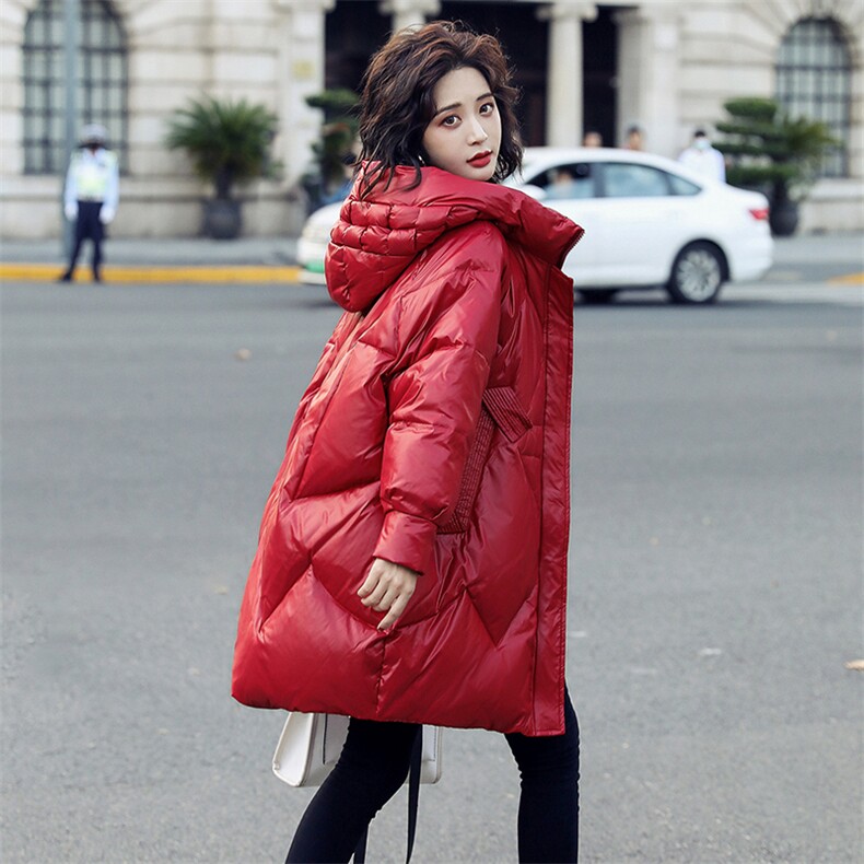 【现货】羽绒服女白鸭绒中长款冬装韩版宽松加厚拉链插肩袖，女装羽绒服，鑫源服饰