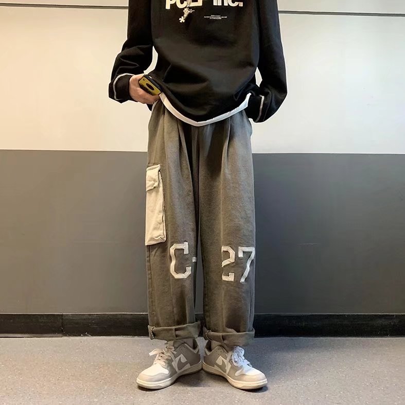 美式高街拼接工装裤男ins直筒阔腿裤A535P38图片