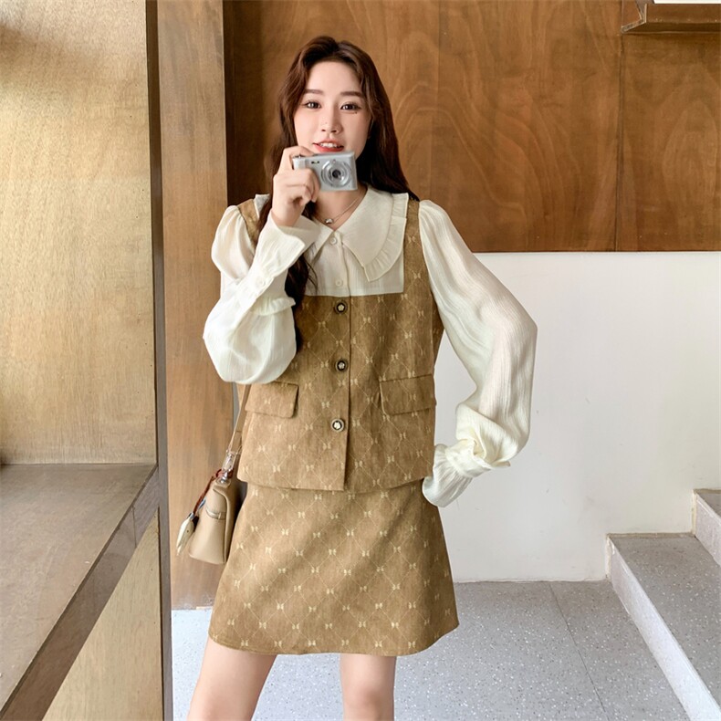 小个子甜美气质套装裙女2025秋季新款设计感假两件上衣短裙两件套,女装套装/套裙,2C032