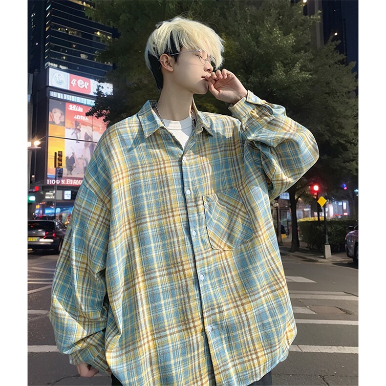 衬衫男秋季新款港风宽松大码磨毛格子长袖衬衣CS601-特P27，男装衬衫，星座214-3