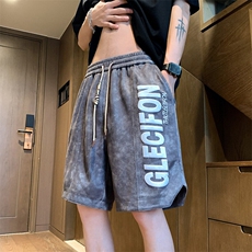 2025夏季美式短裤男美式复古麂皮绒重工发泡印花五分裤-2408-P22，男装休闲裤，星座207