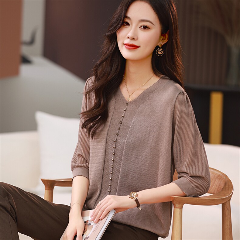 时尚优雅九分袖珍珠装饰上衣显瘦修身V领女装卫衣,女装卫衣/绒衫,梦芯尔