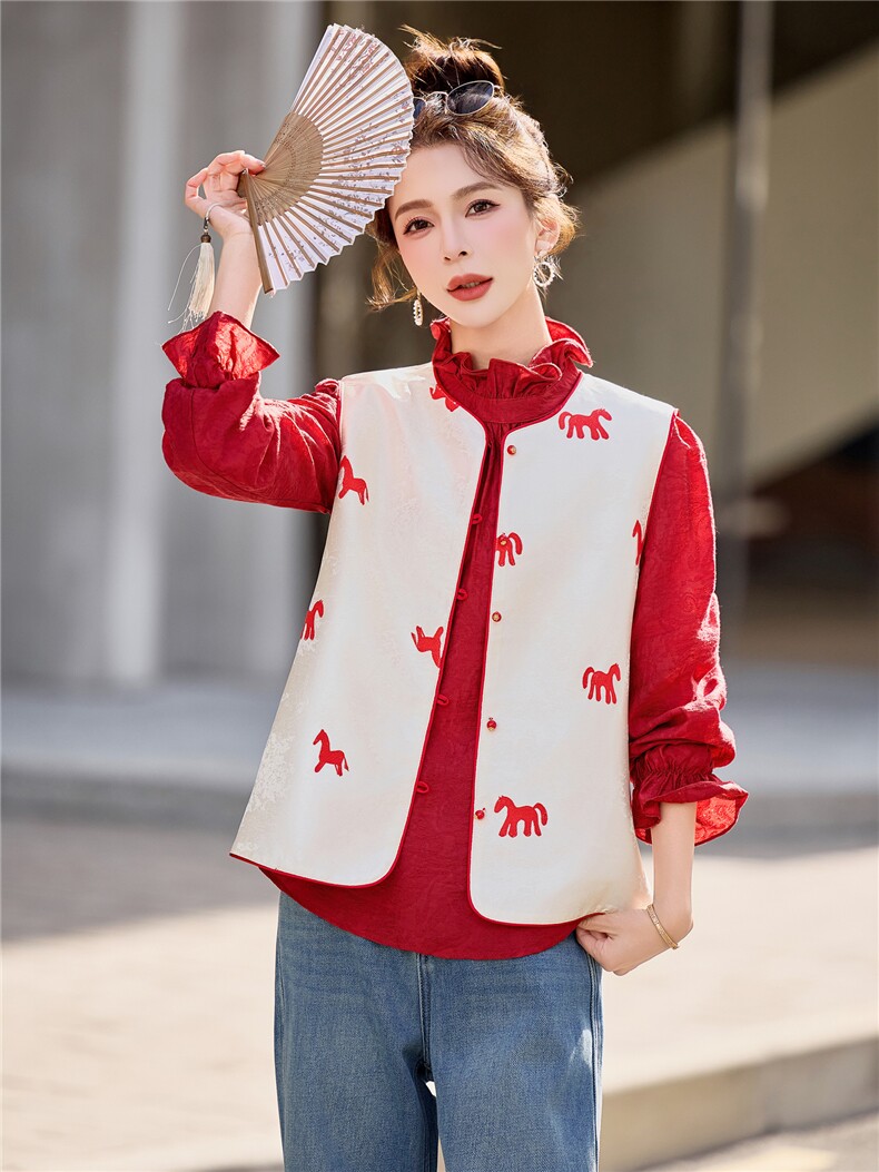 6302常规马图提花印花圆领撞色马甲春装外套,女装马甲,微微衣阁