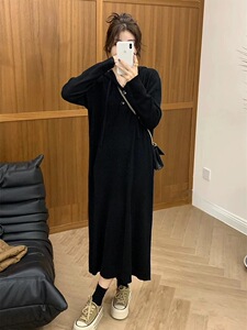 连帽毛衣女秋冬2024新款条纹慵懒风针织衫连衣裙