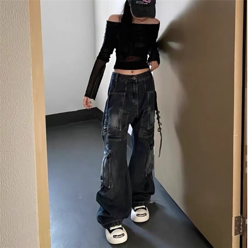重工水洗复古工装牛仔裤女春秋季美式街头痞帅宽松小众直筒阔腿裤,男装牛仔裤,星座1210-1
