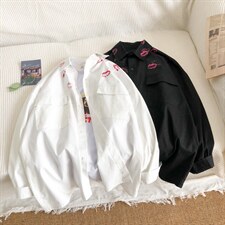 21秋装口红印花长袖衬衫男情侣潮流休闲衬衣CS20P45，男装衬衫，电商C323
