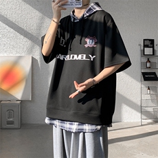 现货T10112-特批35控68新款撞色拼接格子假两件连帽短袖T恤，男装T恤，电商A059