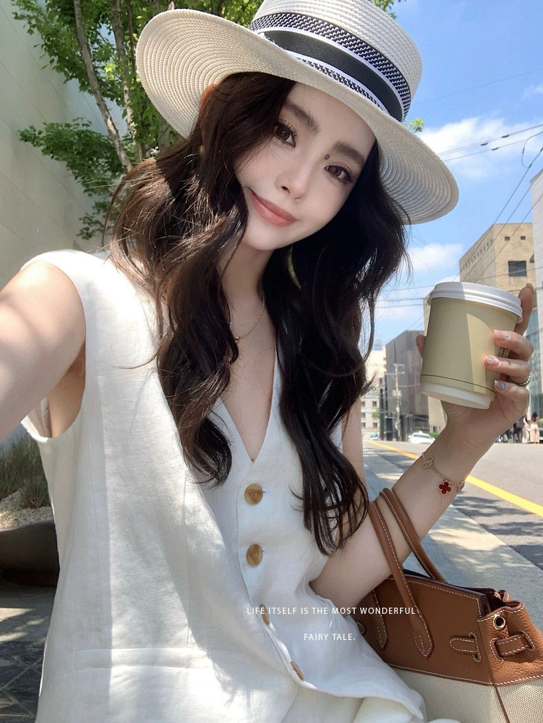 夏季时尚休闲老钱风凉感天丝亚麻马甲+短裤套装,女装套装/套裙,湘姗