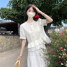 两件套装甜美学院风蕾丝拼接圆领泡泡袖衬衫搭配高腰松紧半身长裙，男装衬衫，星座506A