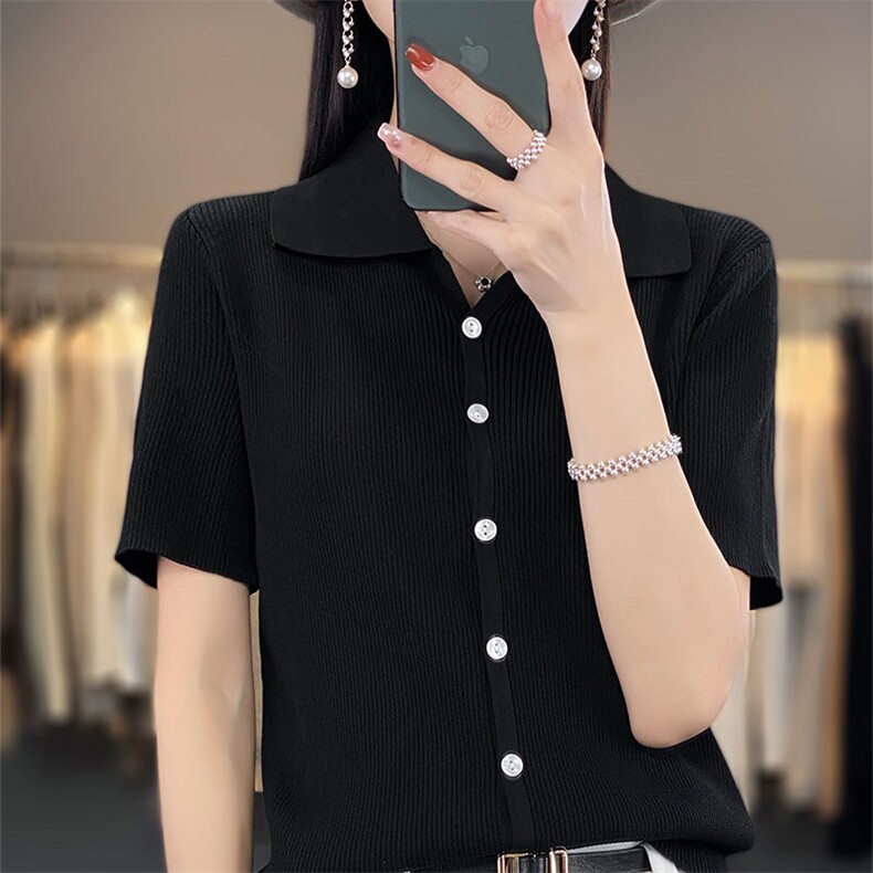 夏季新款薄款T恤女修身POLO领纯色短袖开衫百搭显瘦针织半袖上衣,针织衫/毛衣,萱芳婷羊绒
