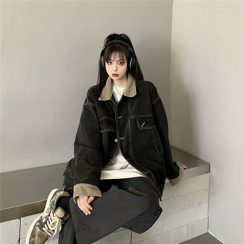 美式复古高街牛仔外套女春秋季潮牌翻领宽松夹克上衣L88688-P75,男装工装外套,星座1008
