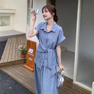 蓝色气质衬衫套装女设计感2025夏新款绝美不对称时尚半身裙两件套图片