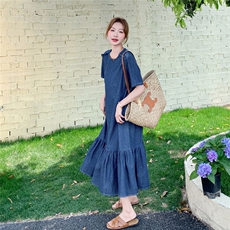 蓝色简约风牛仔连衣裙女夏季2025新款高级感宽松显瘦过膝鱼尾裙子，女装连衣裙，2C113