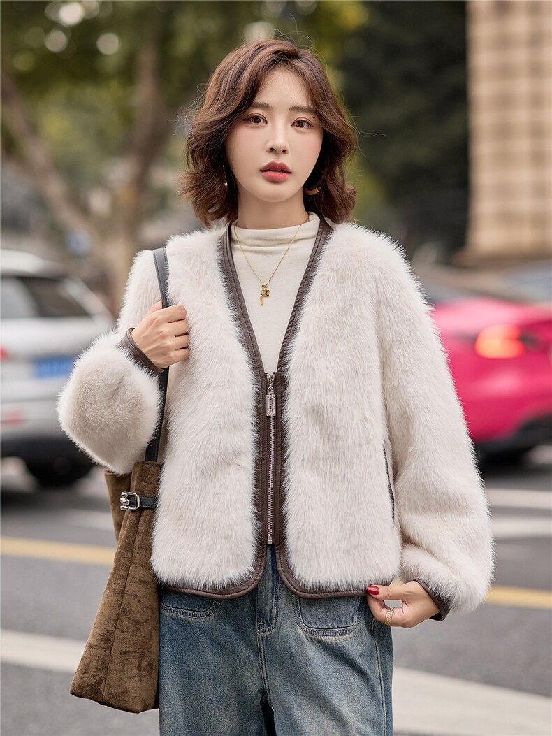 （bao款现货已出）冬季新款时尚PU皮拼接仿水貂毛皮毛一体短款,女装毛呢外套,难舍钰依