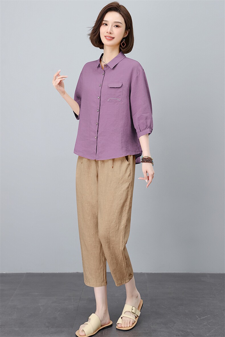 棉麻休闲套装女夏季新款妈妈洋气高端夏装时尚宽松苎麻裤子两件套,女装套装/套裙,涵誉