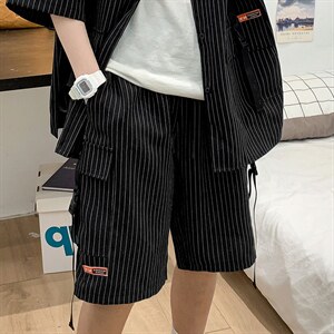 8XL~M直筒大口袋爽滑垂感免烫条纹工装休闲短裤男休闲五分裤控68图片