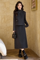 【bao款早春格雷灰系列】2026春装新款韩版波点纽扣长裙三件套，女装套装/套裙，雅静靓衣