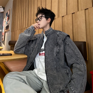 美式做旧重工水洗牛仔外套bf帅气设计感街头机车夹克男图片
