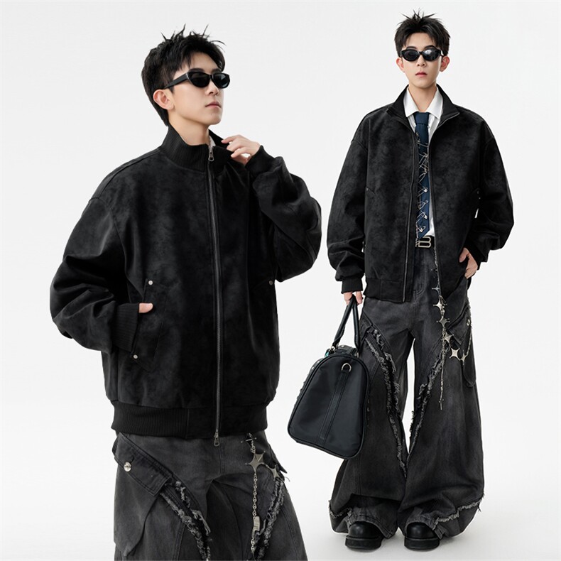 GENIOLAMODE美式嘻哈PU皮美拉德夹克男士皮衣秋季扎染设计感外套，男装夹克，电商A245B