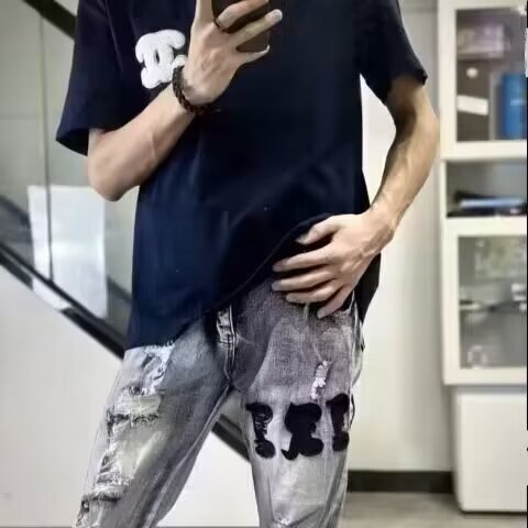 1506A/G9970/P44高质量破洞字母刺绣直筒裤修身显瘦裤子,男装休闲裤,星座1506A