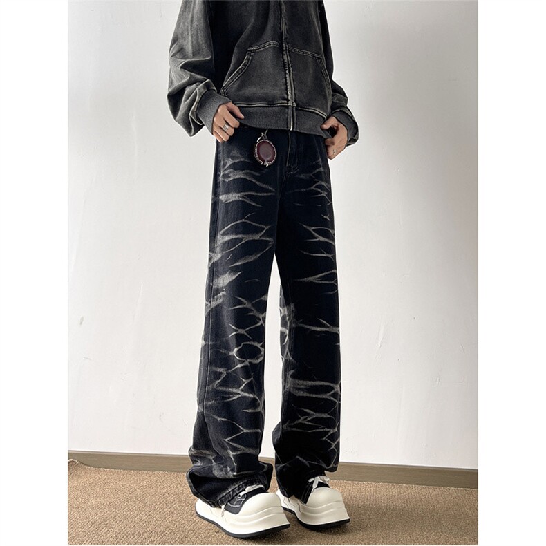 复古牛仔裤男美式潮牌vibe高街水洗扎染宽松直筒阔腿裤N00944-p48，男装牛仔裤，星座1008-1