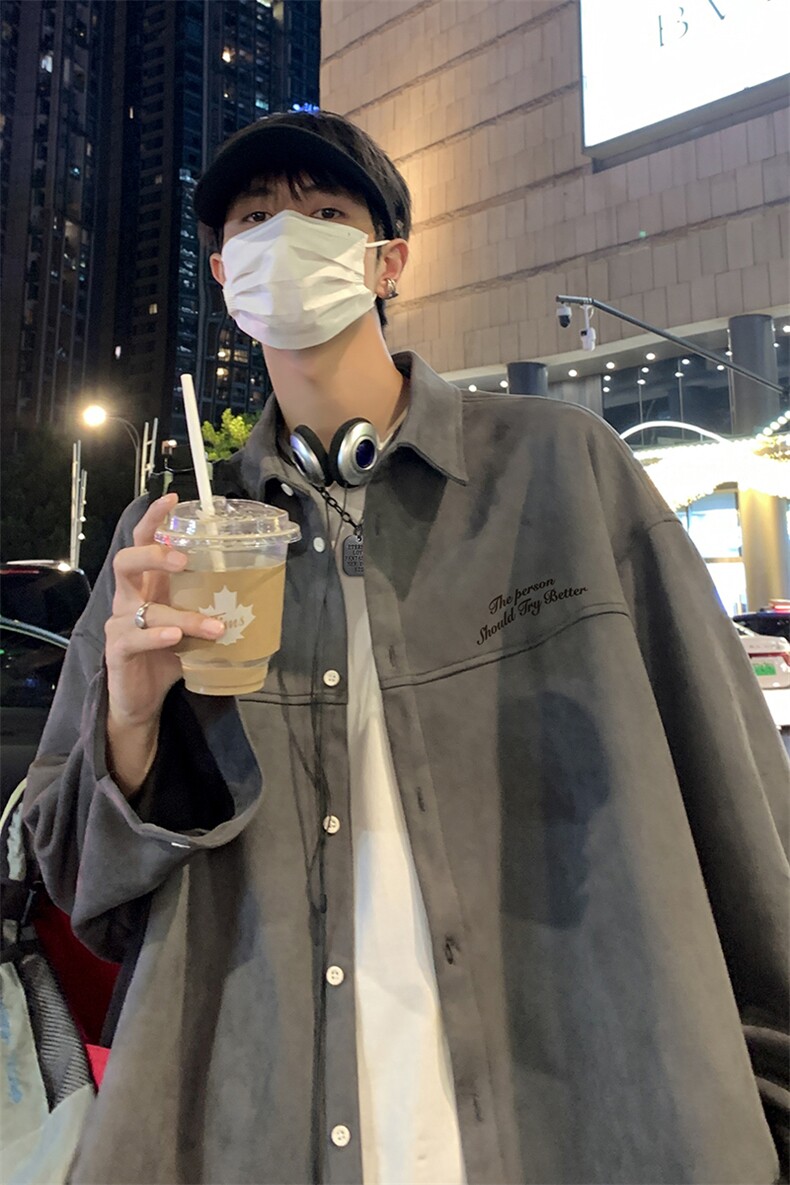 港风秋季时尚百搭宽松字母印花潮流衬衫外套S670P55控78,男装衬衫,电商A268A