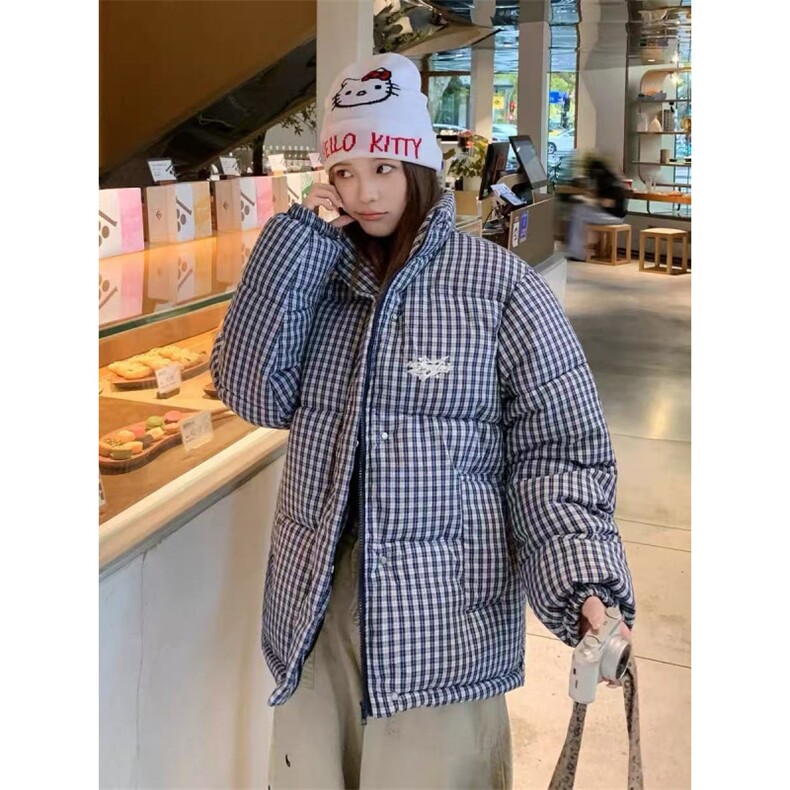 加绒加厚立领棉衣千鸟条纹格字母刺绣棉服面包服手塞棉MY23P76,男装棉衣,星座1013-1