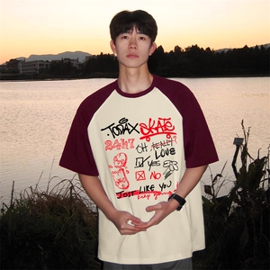 抖音得物高品质二开240克宽松纯棉美式潮牌插肩袖拼接短袖T恤图片