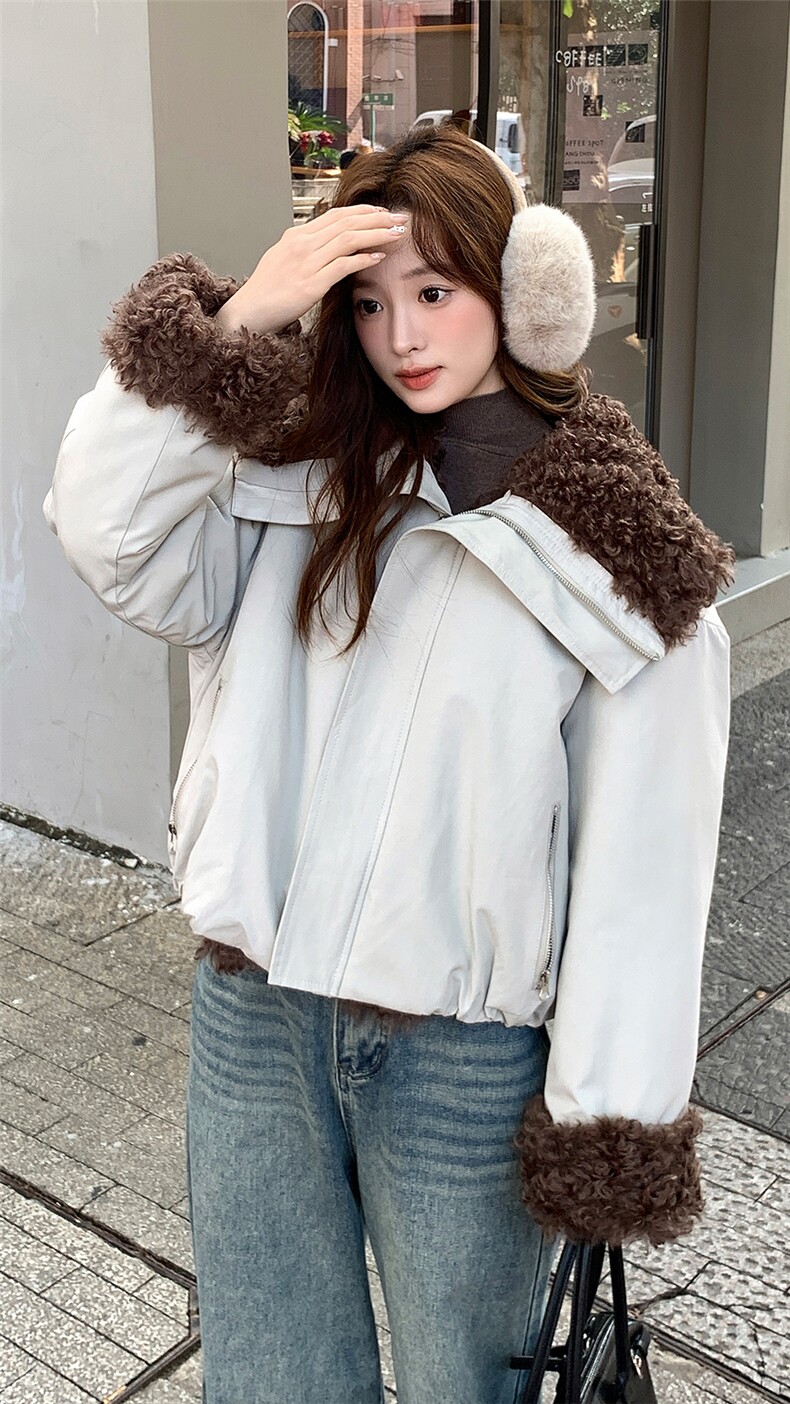 新款美式复古派克服加厚短款皮毛一体p225-k328,女装派克服,2D075